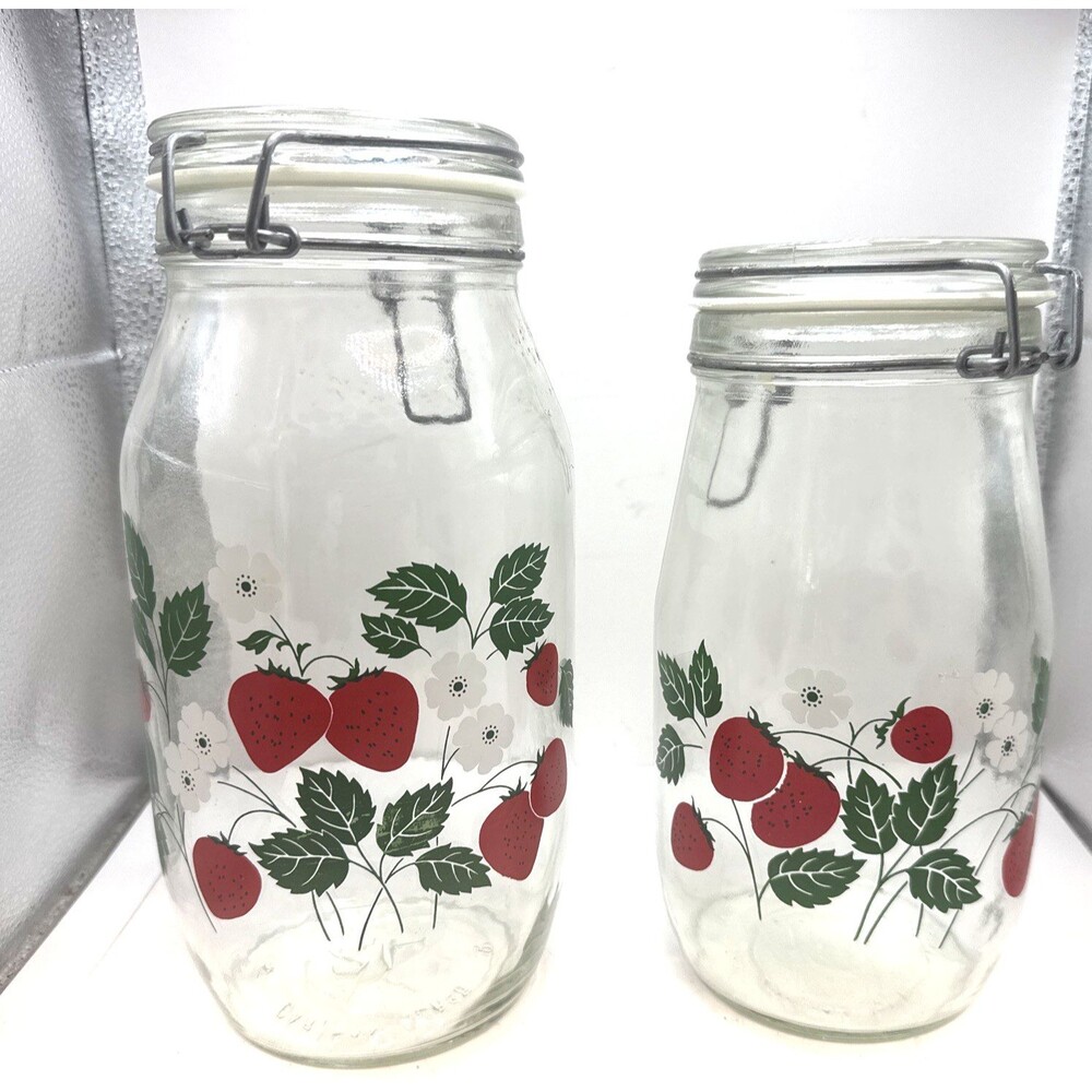 2 Carlton Glass Jar Canister 10” & 9” Bail Lid Strawberries 2 L 1.5 L USA
